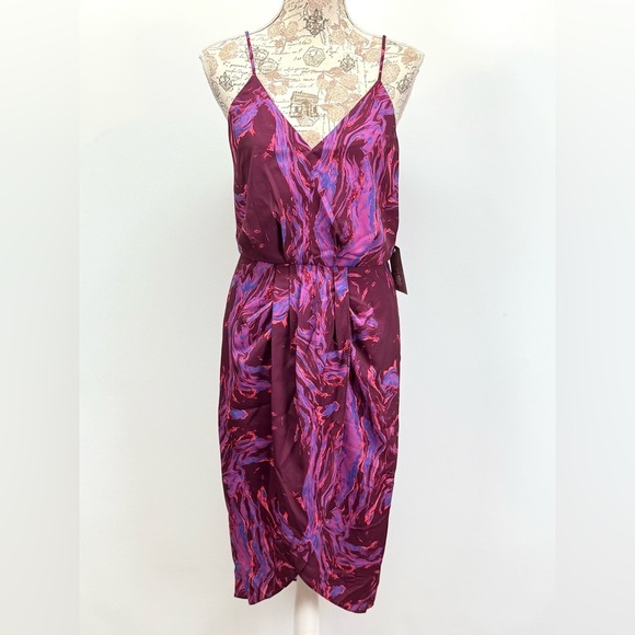 CHELSEA 28 Purple abstract print surplice spaghetti strap midi dress size S - Picture 4 of 16
